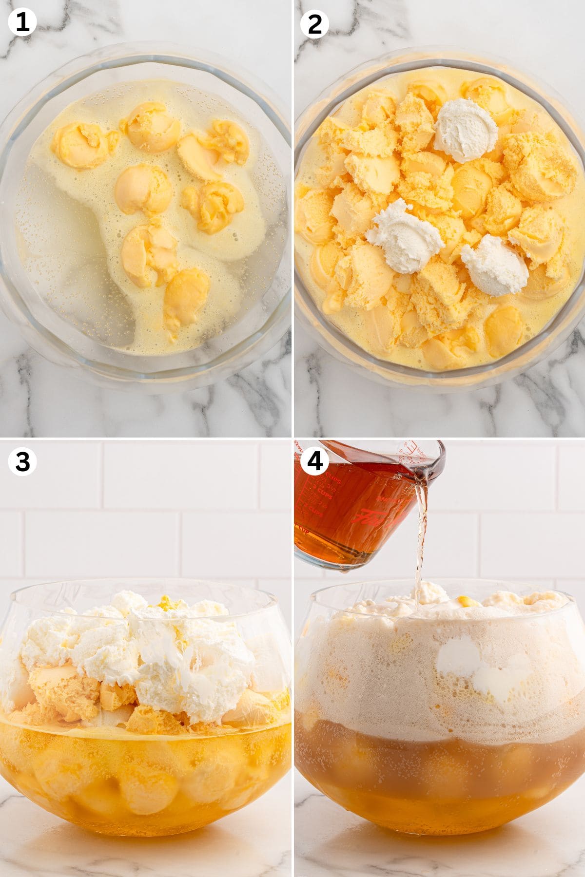 Large punch bowl filled with lemon-lime soda, scoops of orange sherbet and vanilla ice cream, topped with cream soda and mixed into a creamy punch.