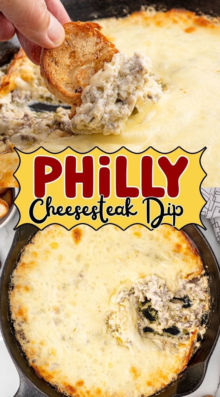A hand holding a piece of bread, digging into Philly Cheesesteak Dip.