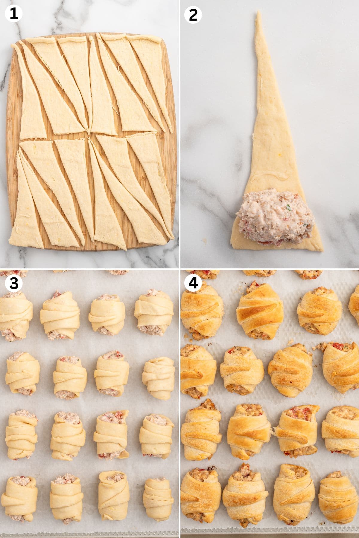 The crescent dough is sliced into triangles, filled with a sausage cream cheese mixture, rolled up, and baked until golden brown.