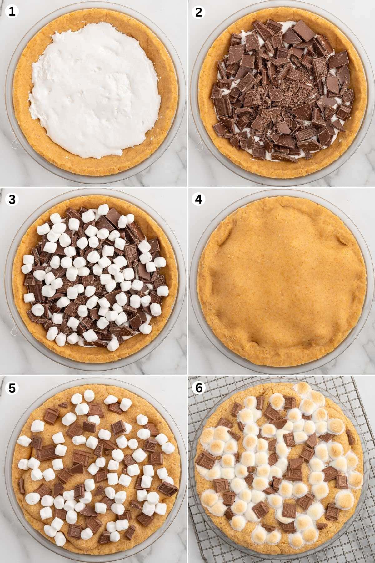 Graham cracker crust with marshmallow creme, topped with chopped chocolate, mini marshmallows added, covered with dough, baked and topped with more chocolate and marshmallows, finished golden s’mores pie.