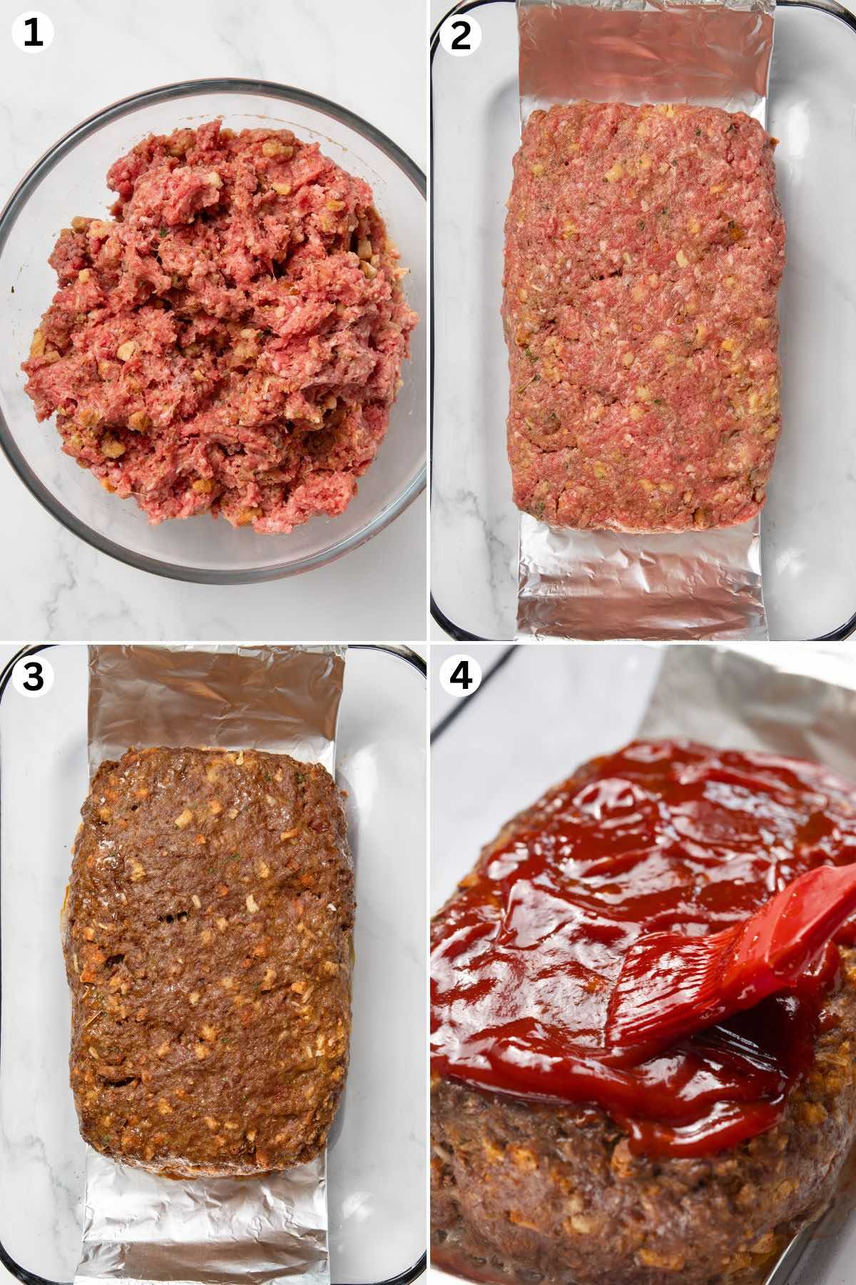 Stove Top stuffing meatloaf mixed with ground beef, shaped in a loaf pan, baked until golden, and brushed with ketchup glaze.