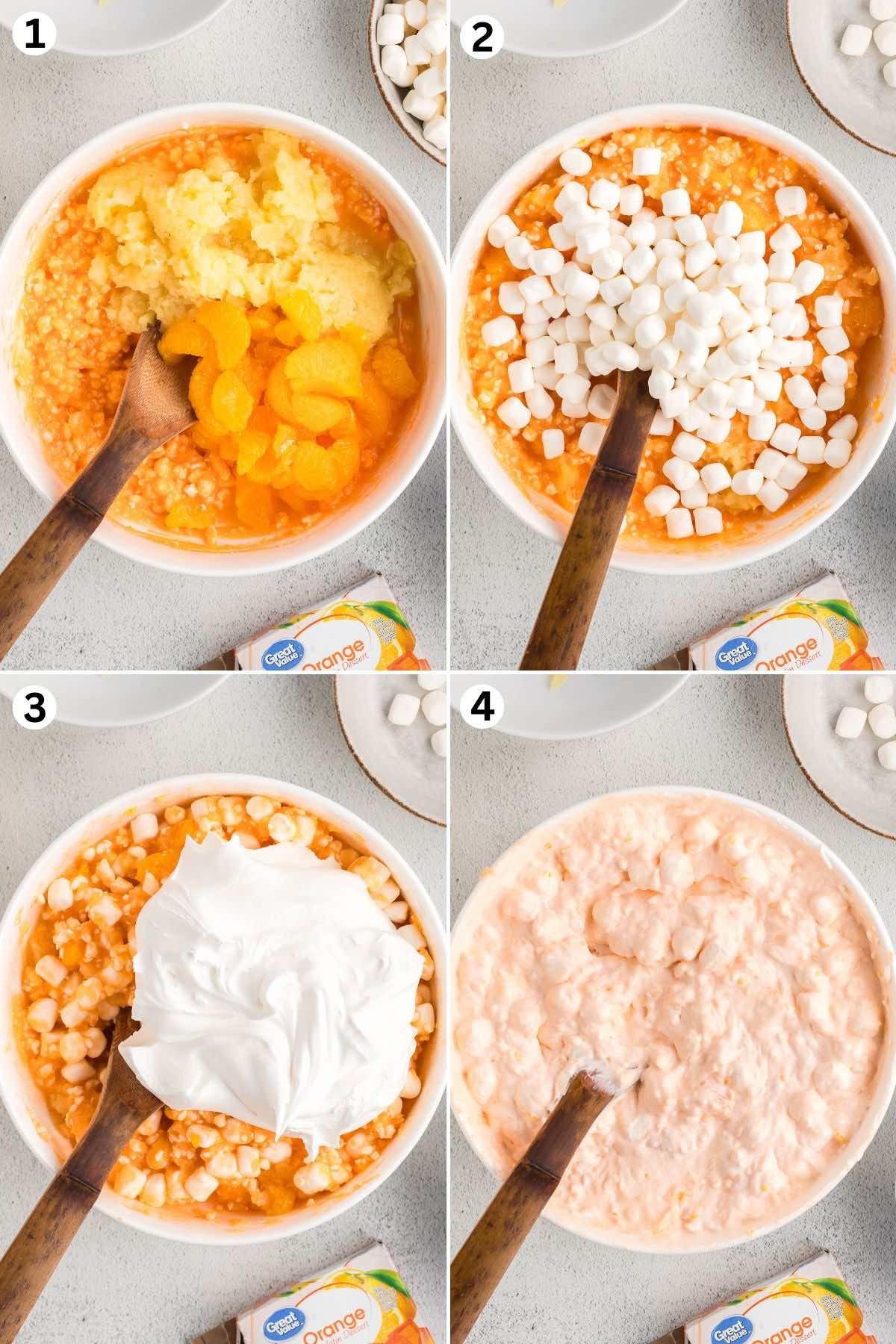 Mixing cottage cheese with orange gelatin powder, adding drained pineapple and mandarin oranges, folding in mini marshmallows and whipped topping, then chilling until set.