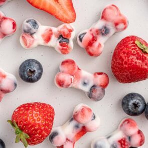 Frozen yogurt dog treats with strawberries and blueberries, shaped like bones.