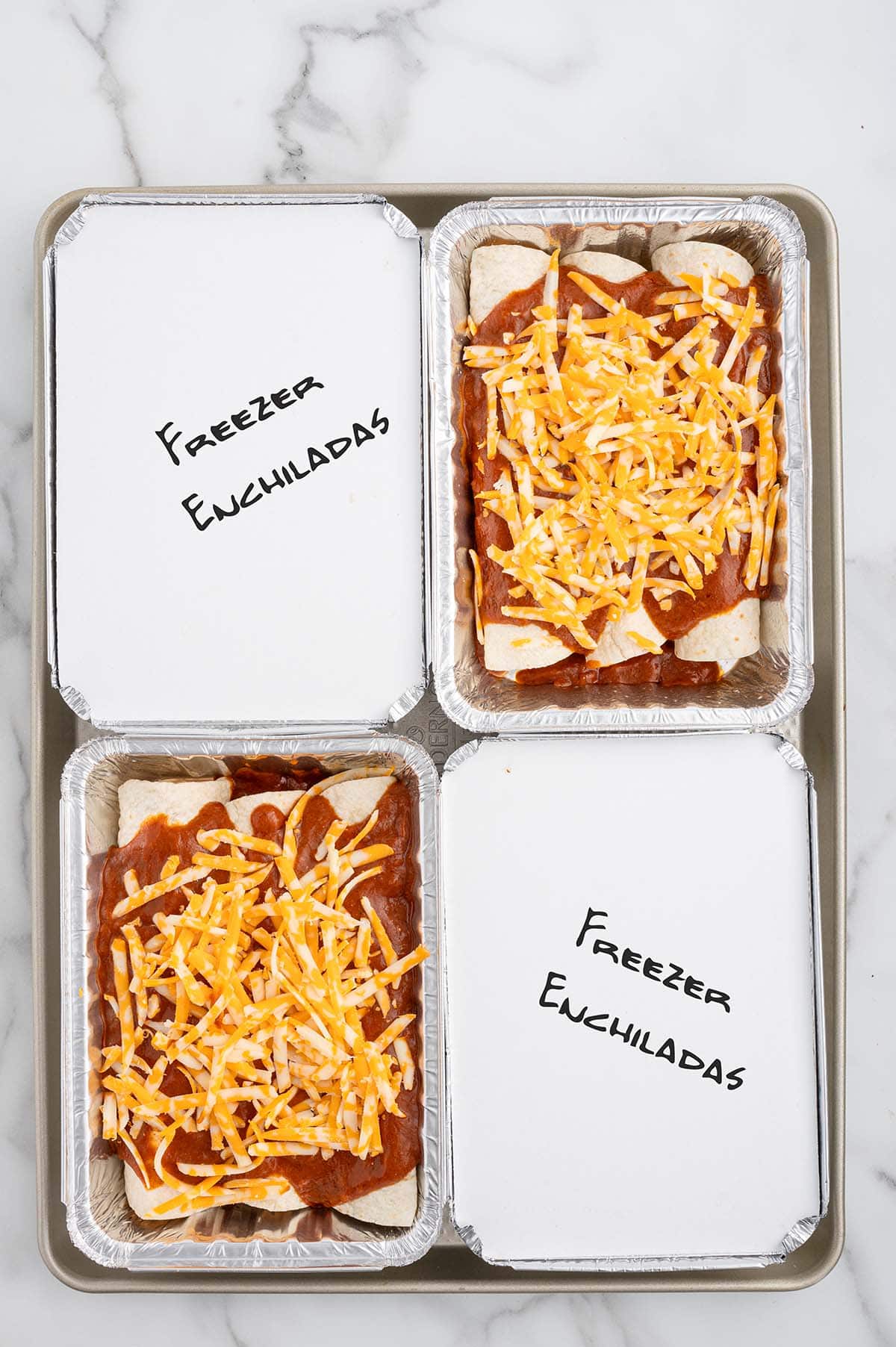 freezer enchiladas in aluminium pan. 