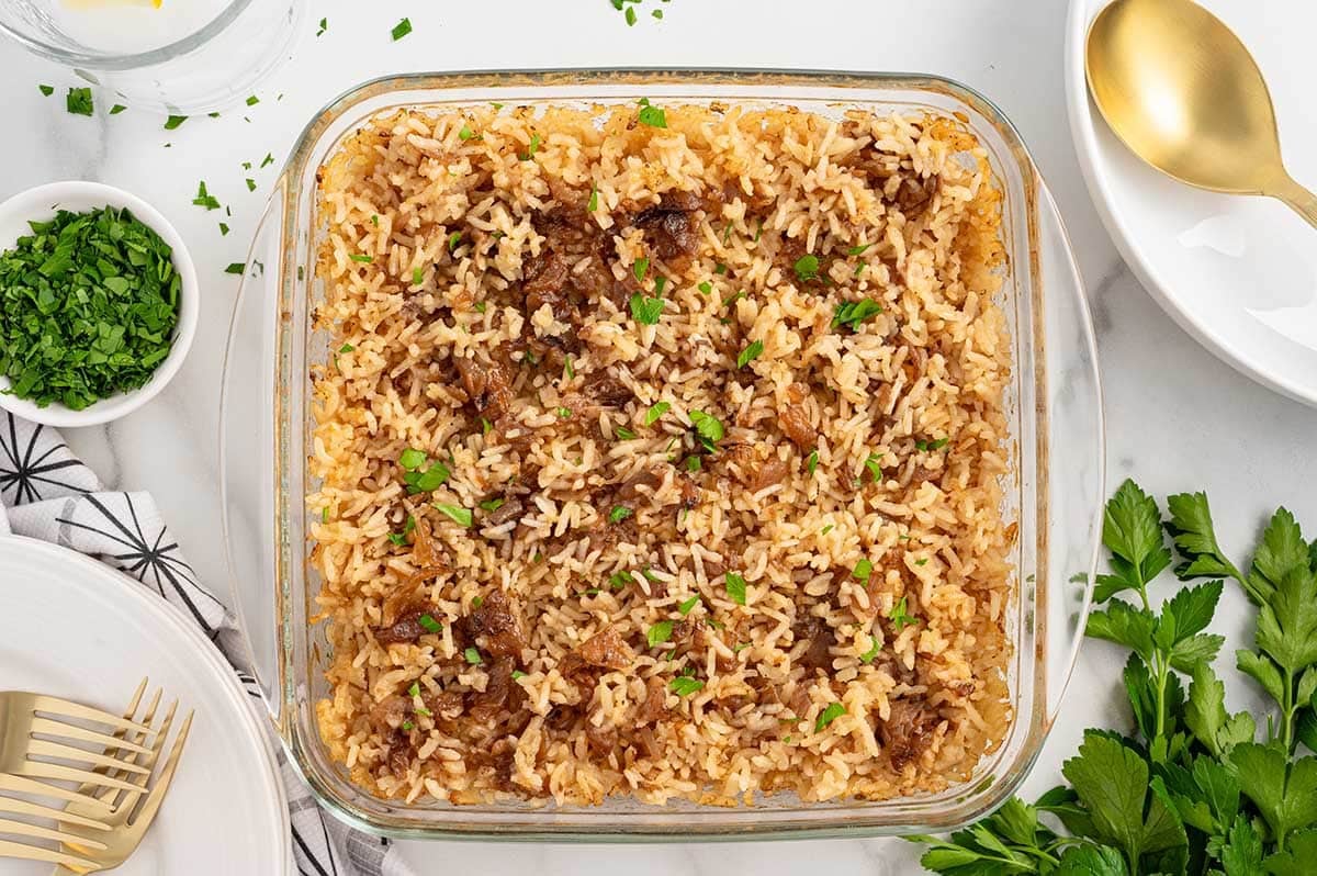 french onion rice in a baking dish.