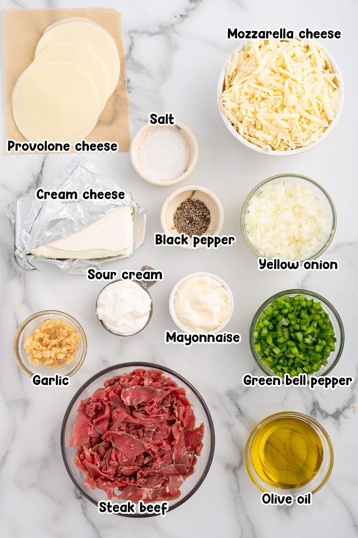 Philly Cheesesteak Dip ingredients.