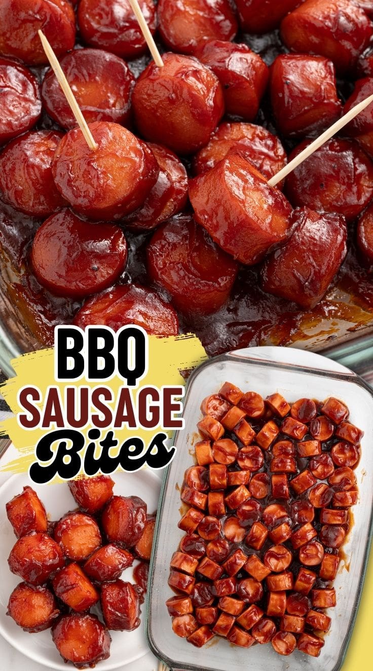 Top view of Sausage Bites in a glass baking dish.