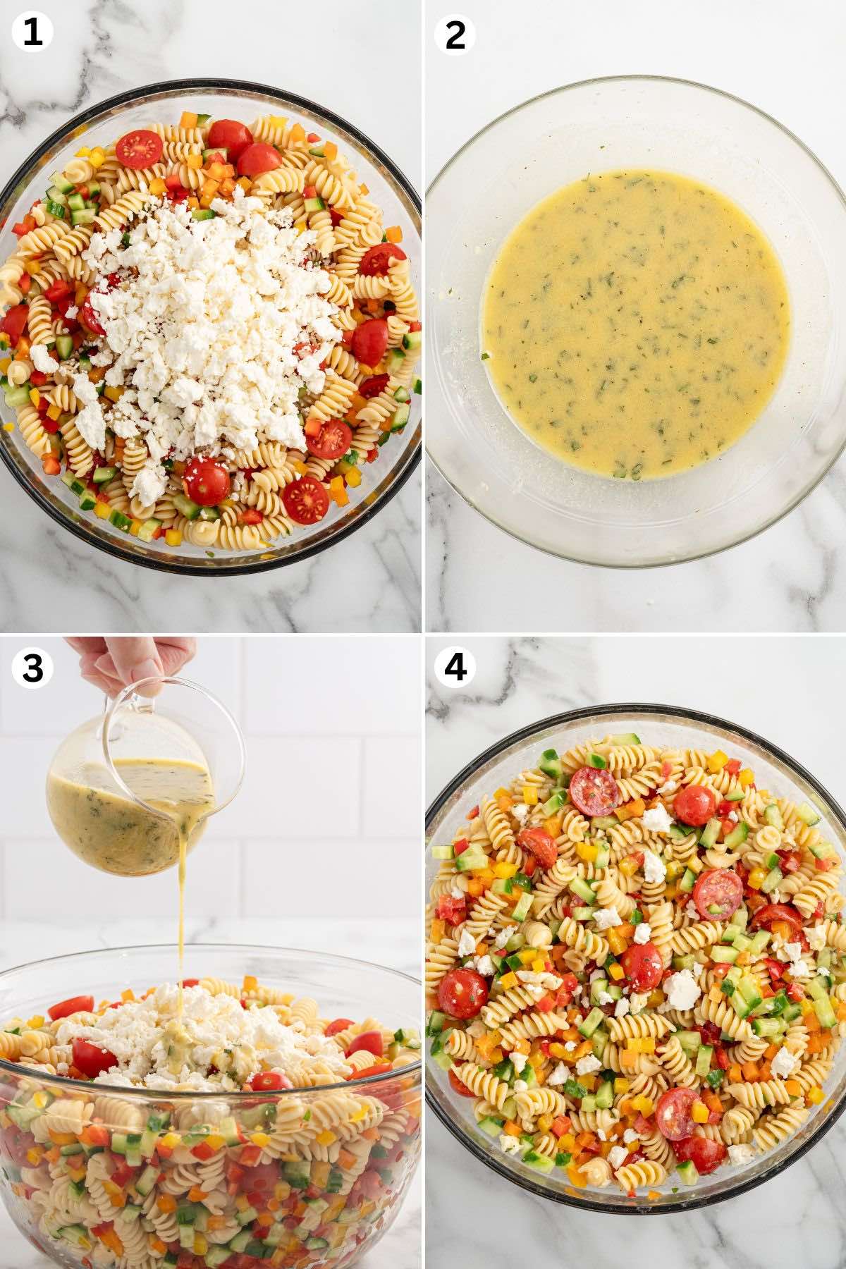 mix ingredients in a bowl. make the dressing in another bowl. pour dressing into the bowl and mix.