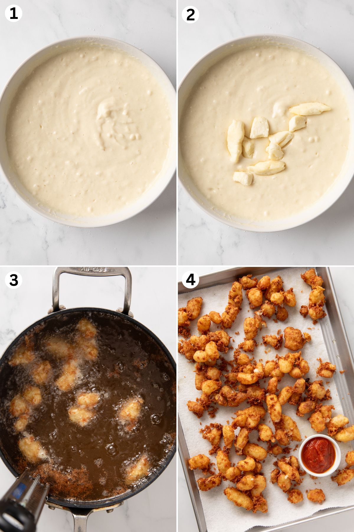 mixing batter in a bowl, dipping cheese curds into the batter, frying them in hot oil, and draining the golden-brown curds on a baking sheet with dipping sauce.