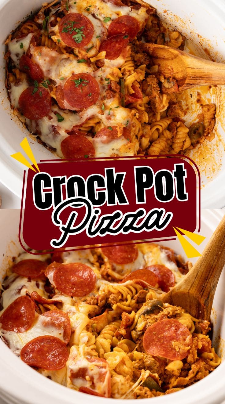 A wooden spoon scooping Crock Pot Pizza