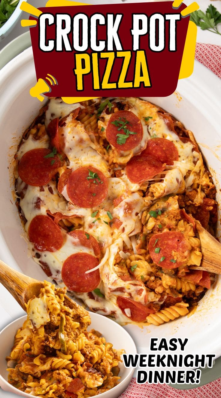 A wooden spoon scooping Crock Pot Pizza from a crockpot