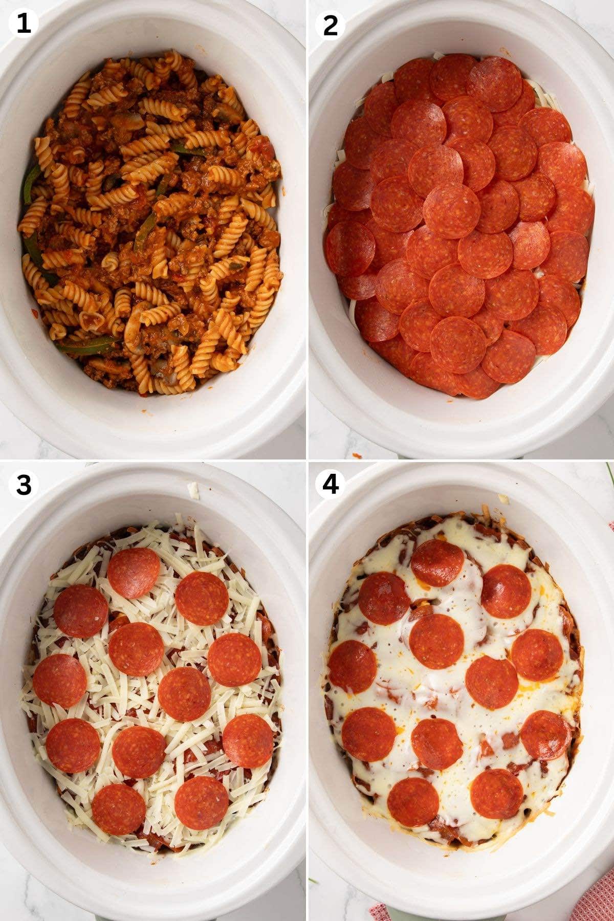layering cooked rotini mixed with sausage and sauce, topping with mozzarella cheese and pepperoni slices in a slow cooker, then cooking until melted and bubbly.