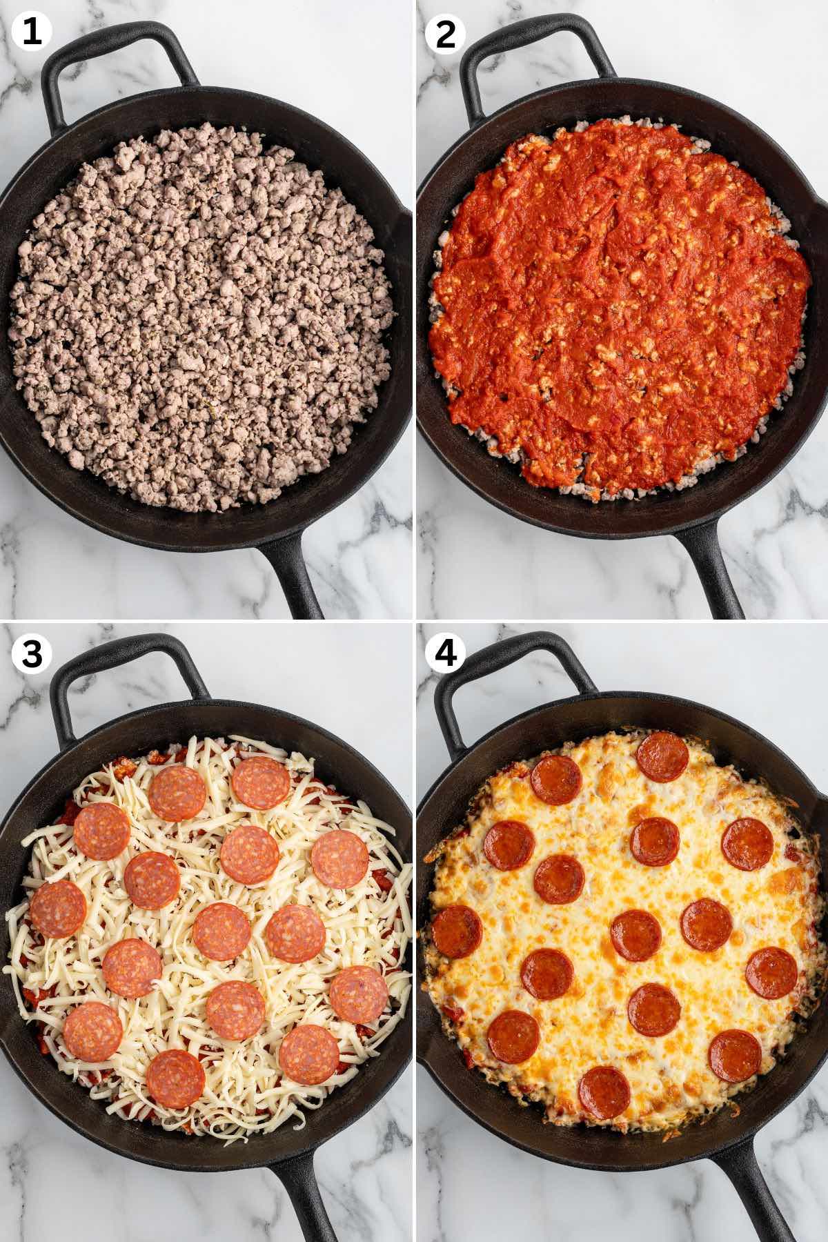 Cooked sausage topped with marinara, mozzarella, and pepperoni, then baked until bubbly and golden.