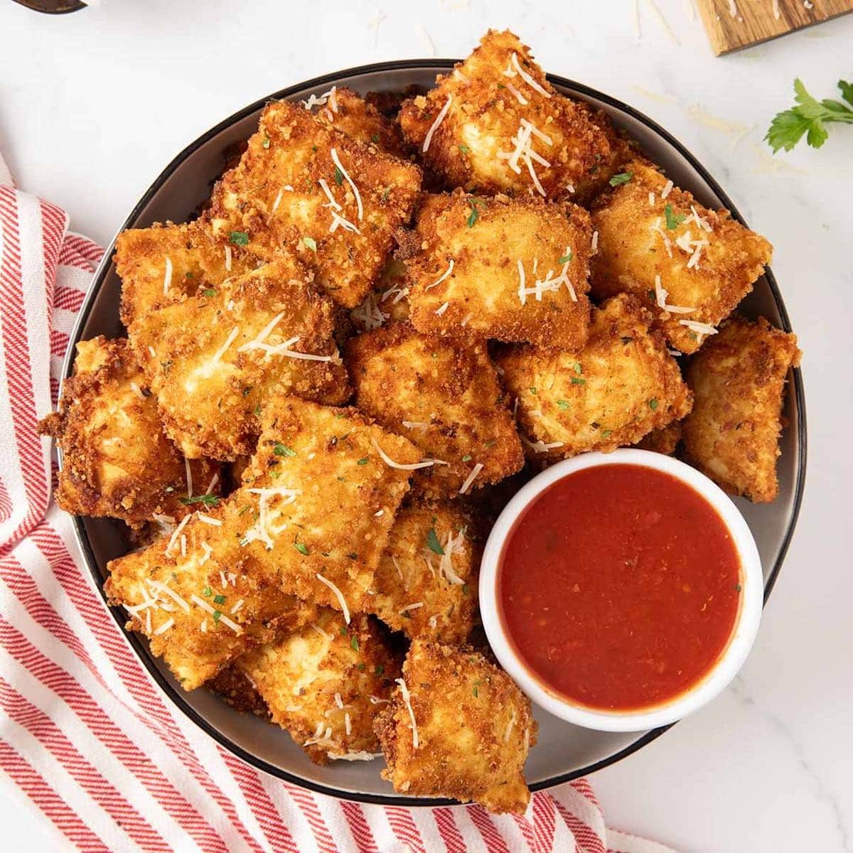 fried ravioli in a bowl