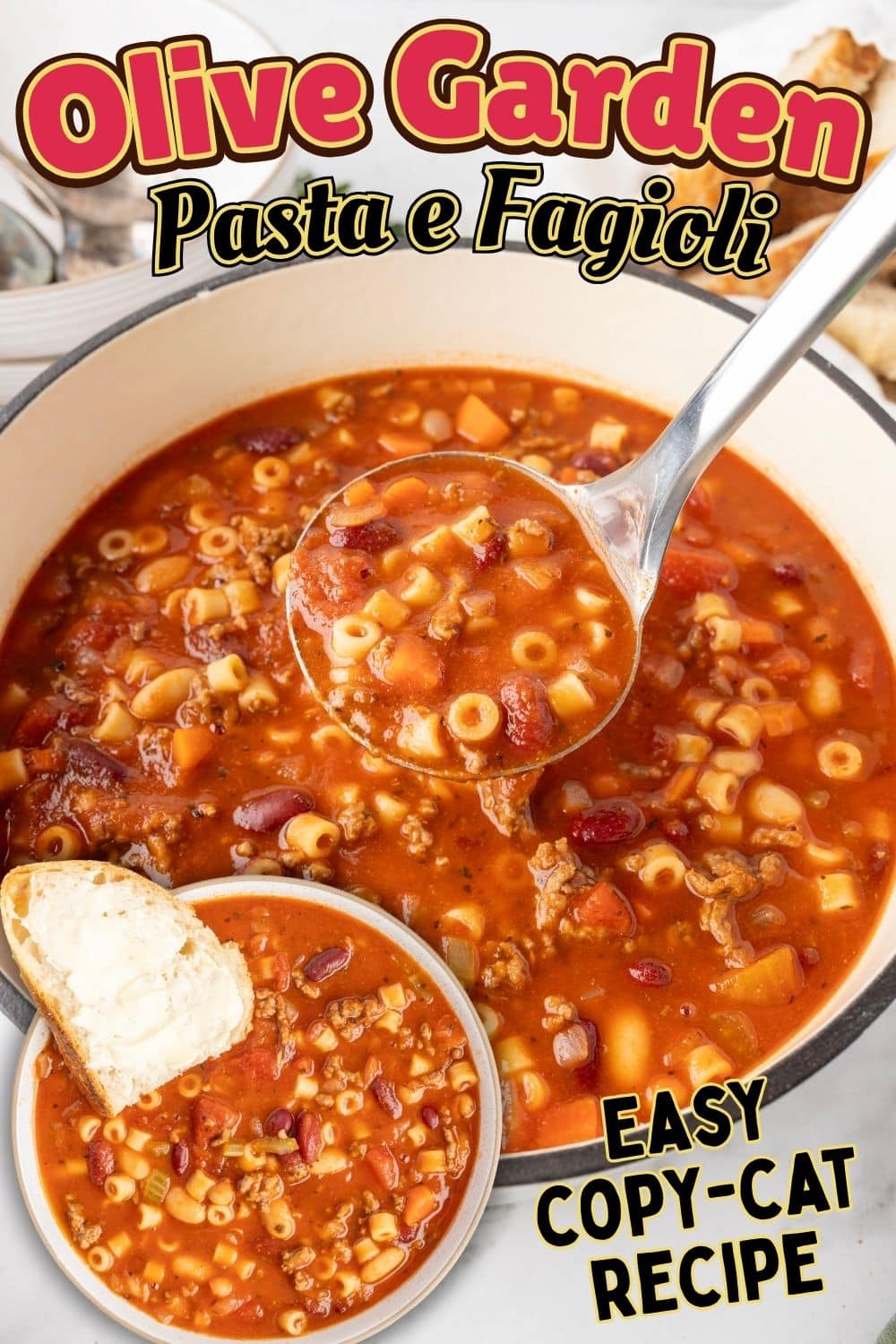 A ladle digging into Olive Garden Pasta e Fagioli in a bowl