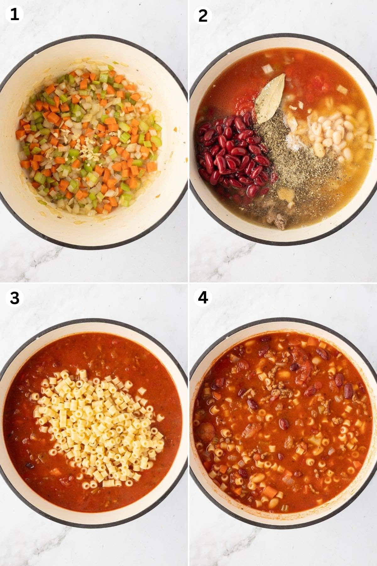 Sautéed vegetables, adding beans and broth, cooked pasta, and finished pasta e fagioli soup in a pot.