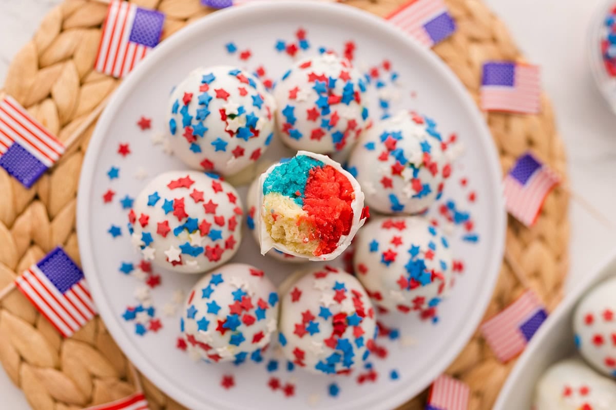 Top view of patriotic cake bombs on a plate.