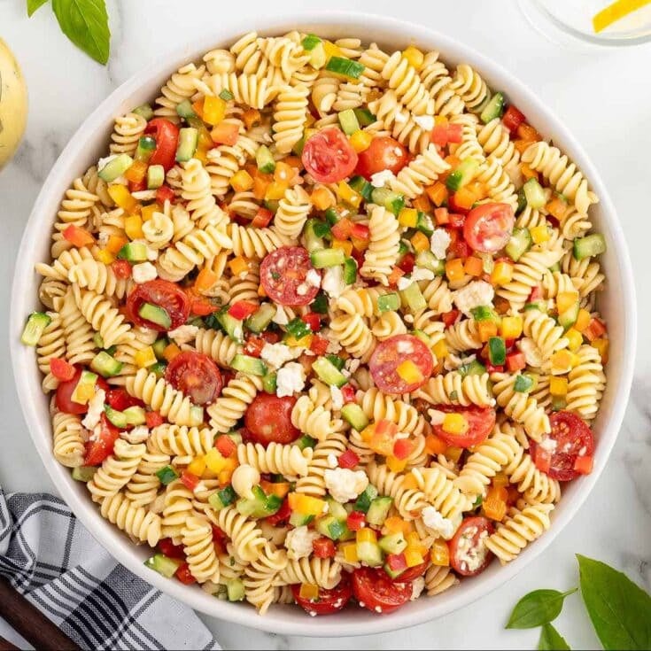 summer pasta salad in a bowl.