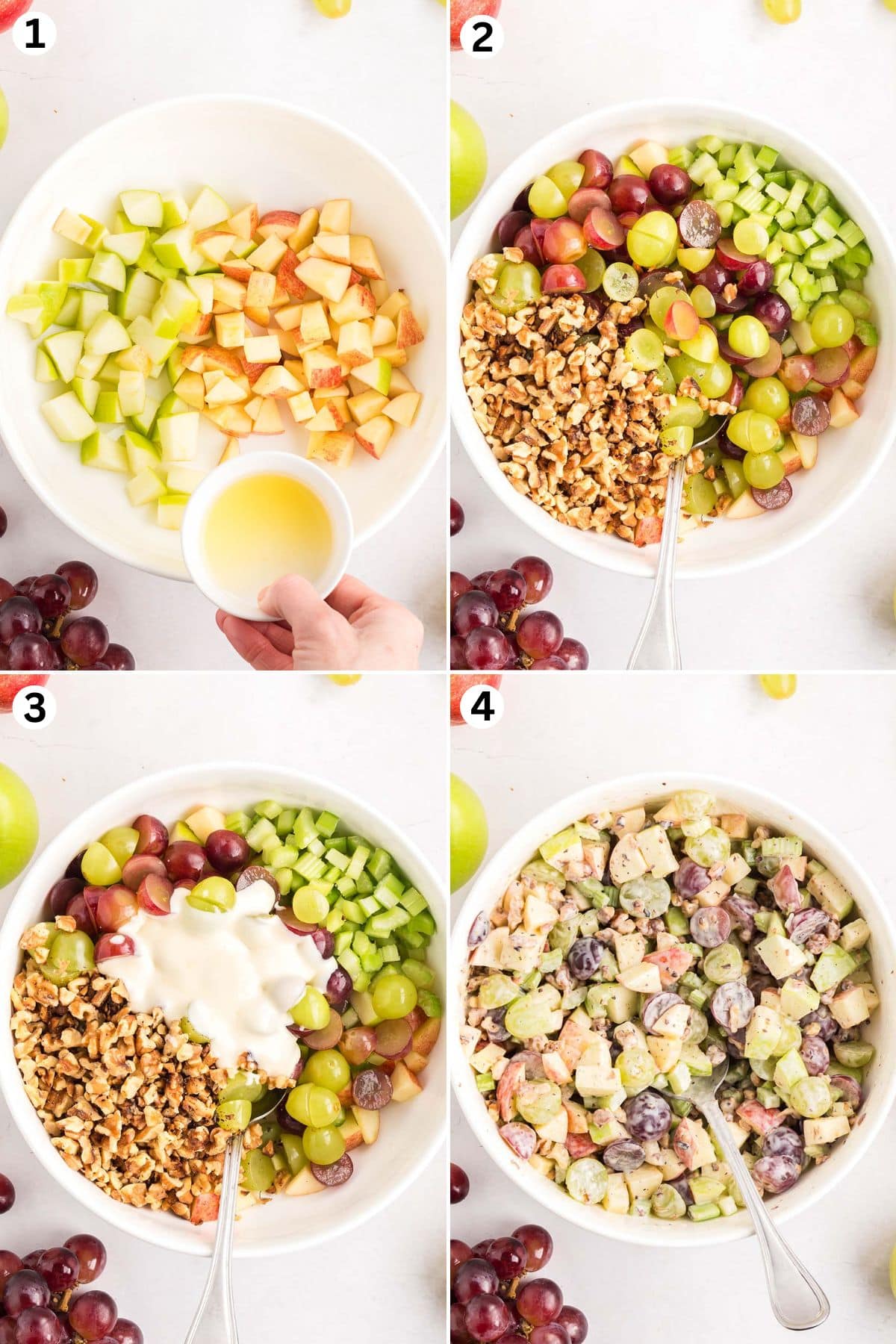 Apples with lemon juice, added grapes, celery, and walnuts, followed by creamy dressing and the final mixed salad in a white bowl.