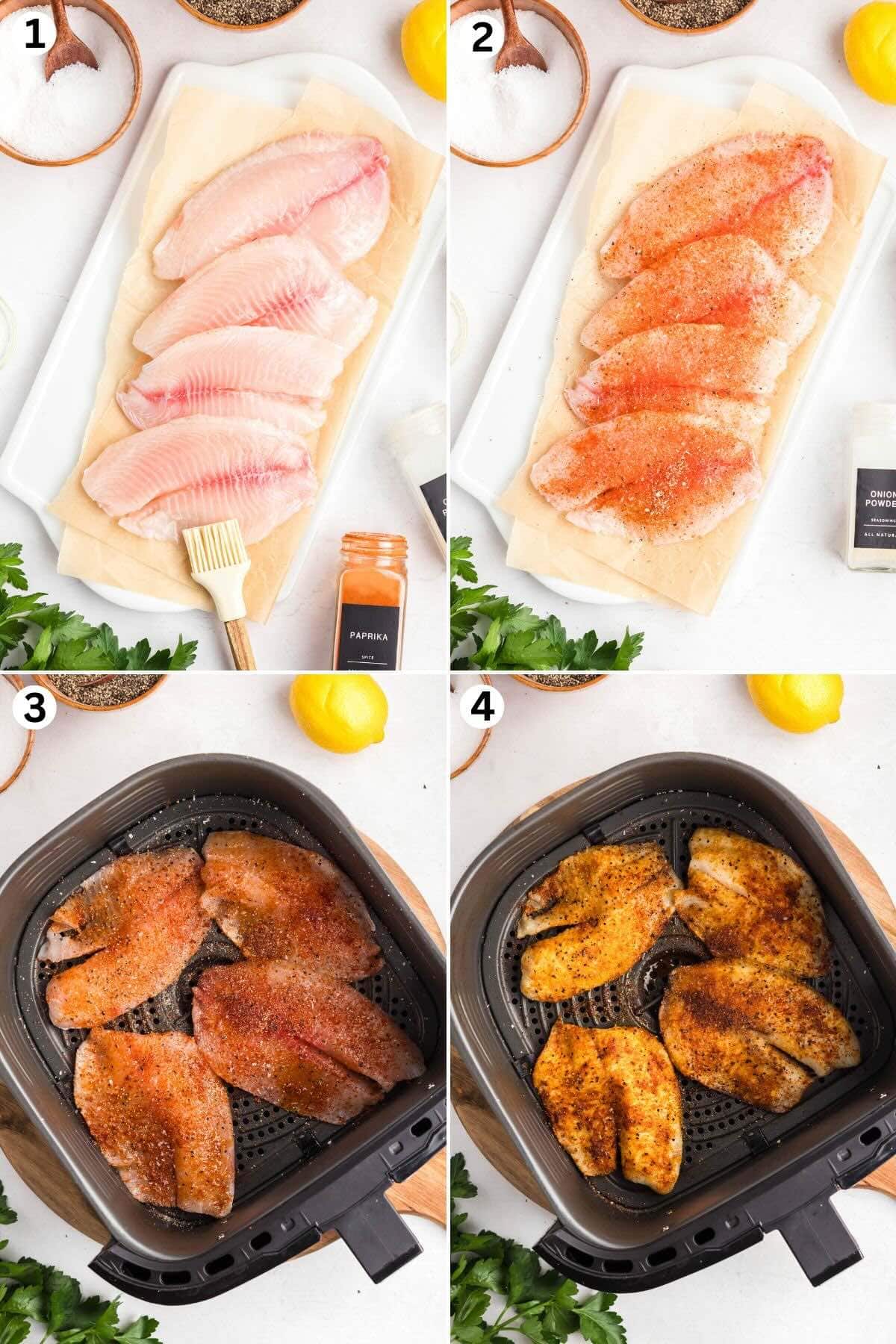 Brush tilapia with avocado oil, season both sides, then air fry at 400°F for 7–10 minutes until flaky.