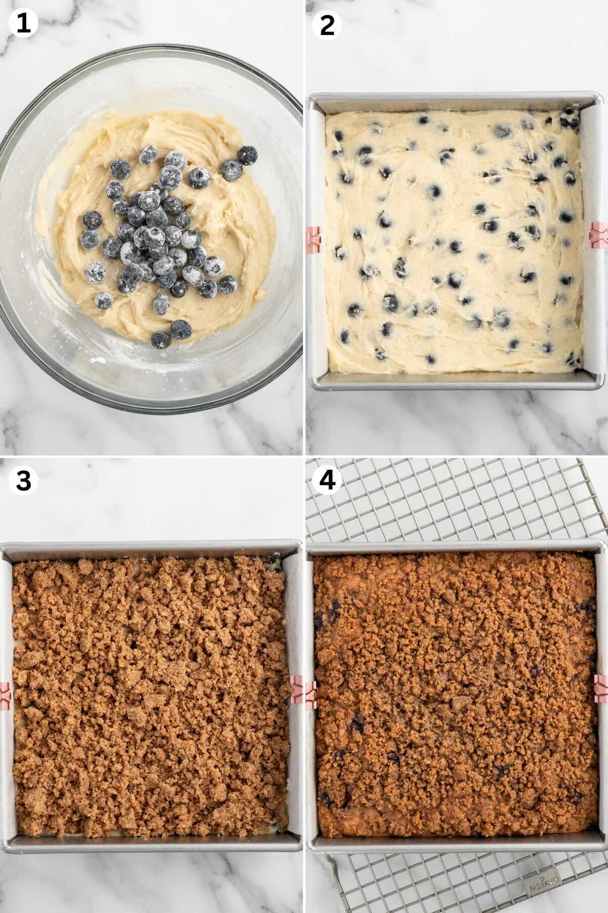 Collage of 4 main steps in creating blueberry coffee cake, dough in the bowl with blueberries, dough spread in the baking pan, dough in baking pan topped with crumble and baked Blueberry Coffee Cake