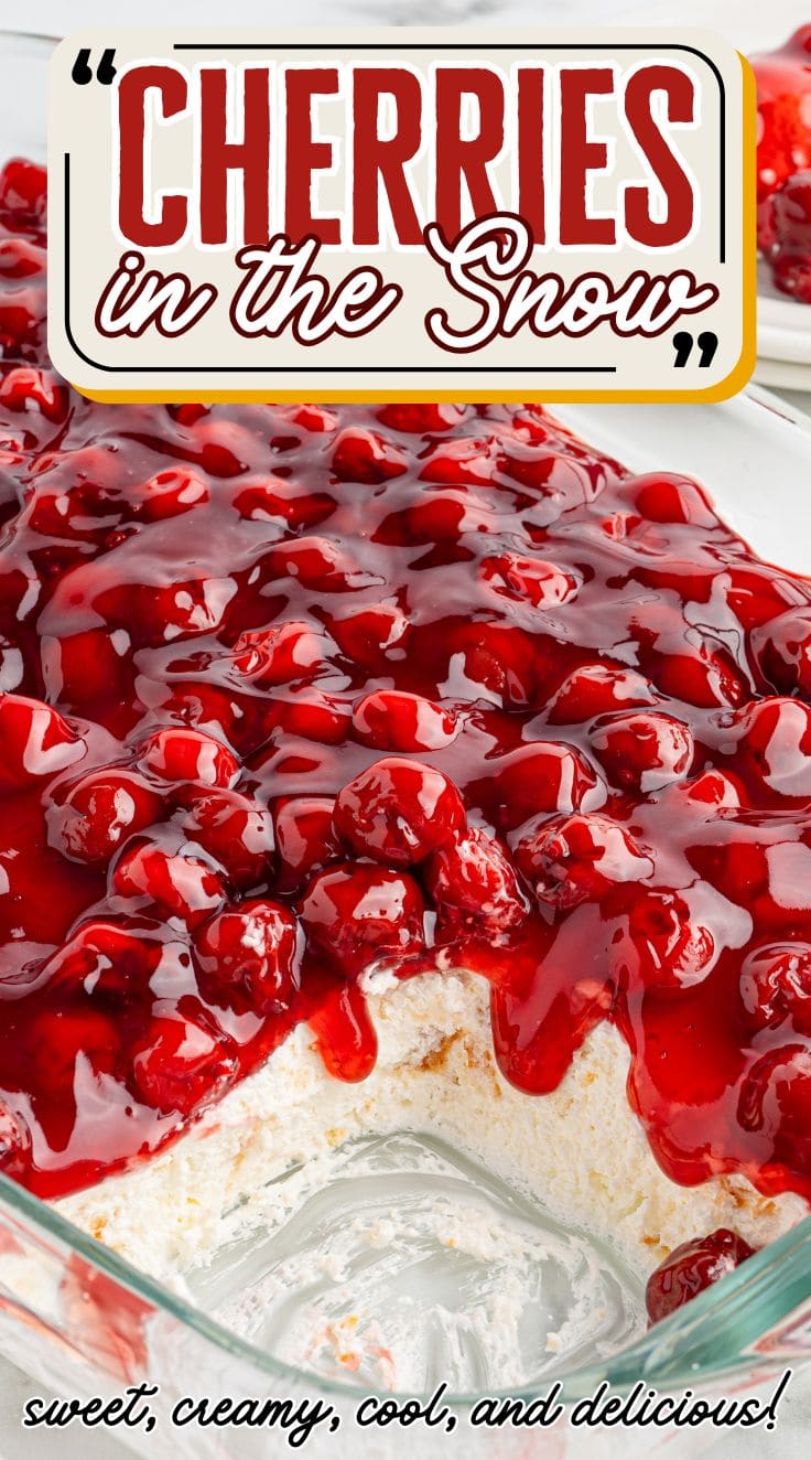 Cherries in the Snow in a glass baking pan.