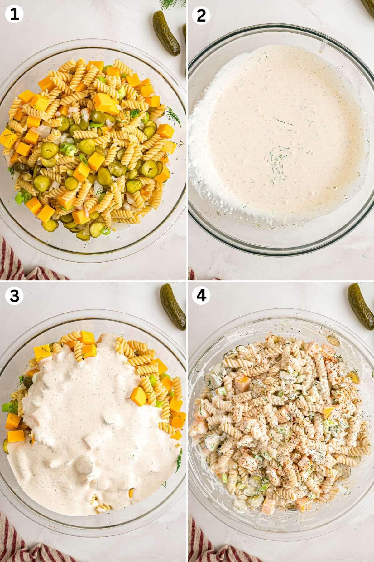 mix ingredients in the bowl. mix the dressing in other bowl. mix well.