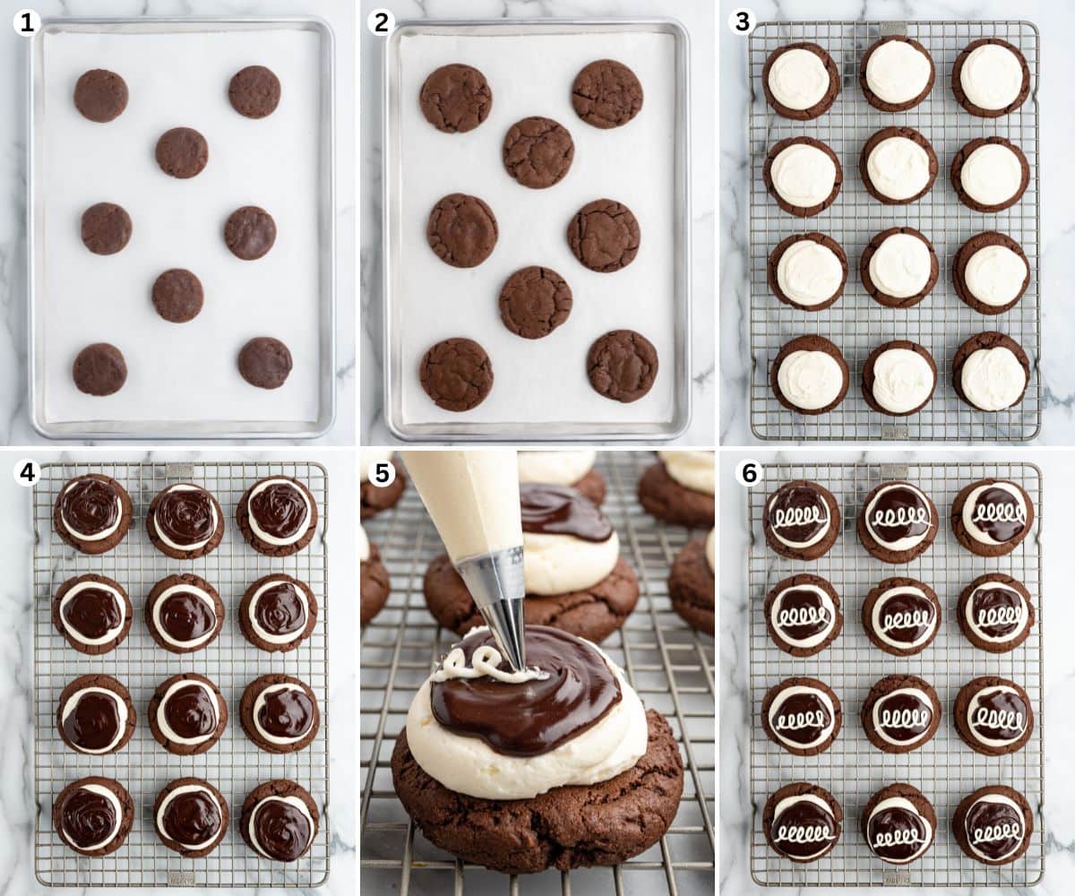 chocolate cookies being baked, topped with marshmallow frosting, coated in ganache, and finished with a white swirl to resemble Hostess cupcakes.