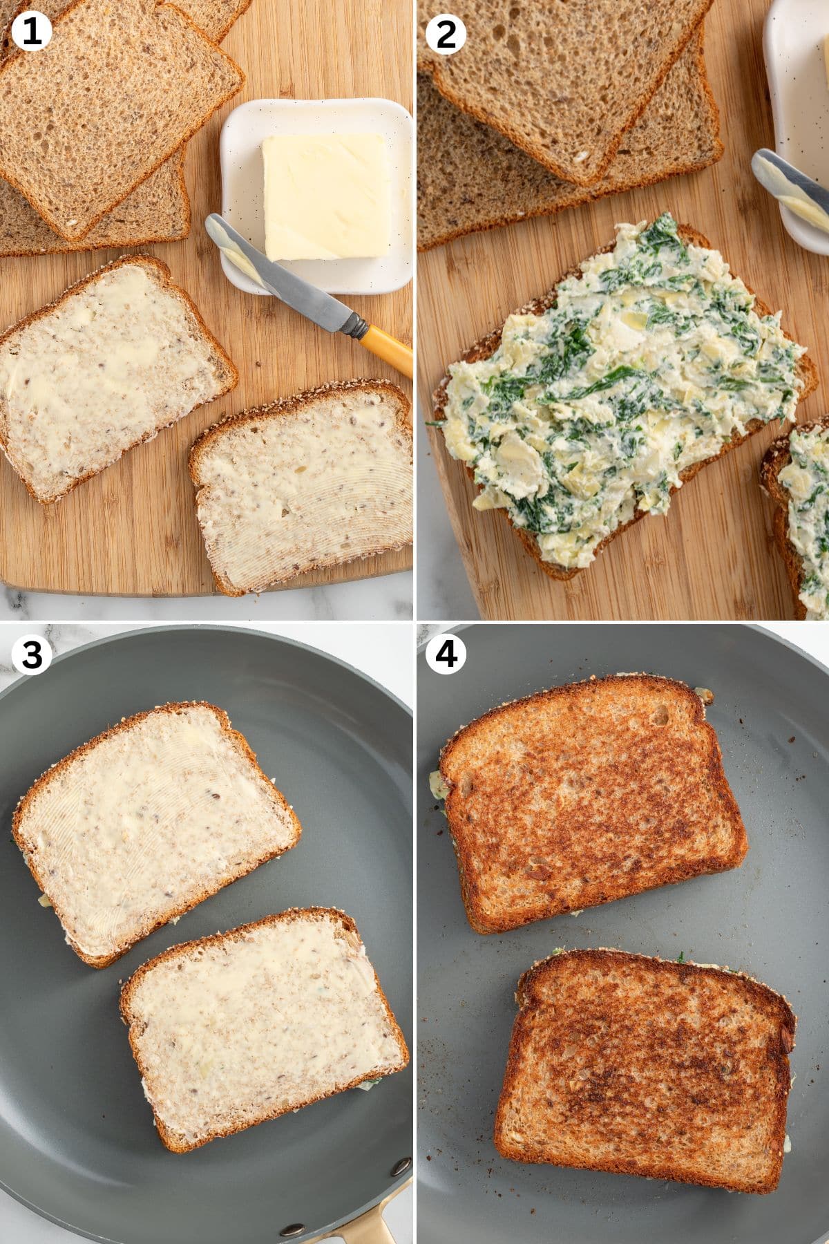 Butter one side of each slice of bread. Spread spinach artichoke filling. 
Place 2 slices of bread topped with filling in the skillet. Cook. 