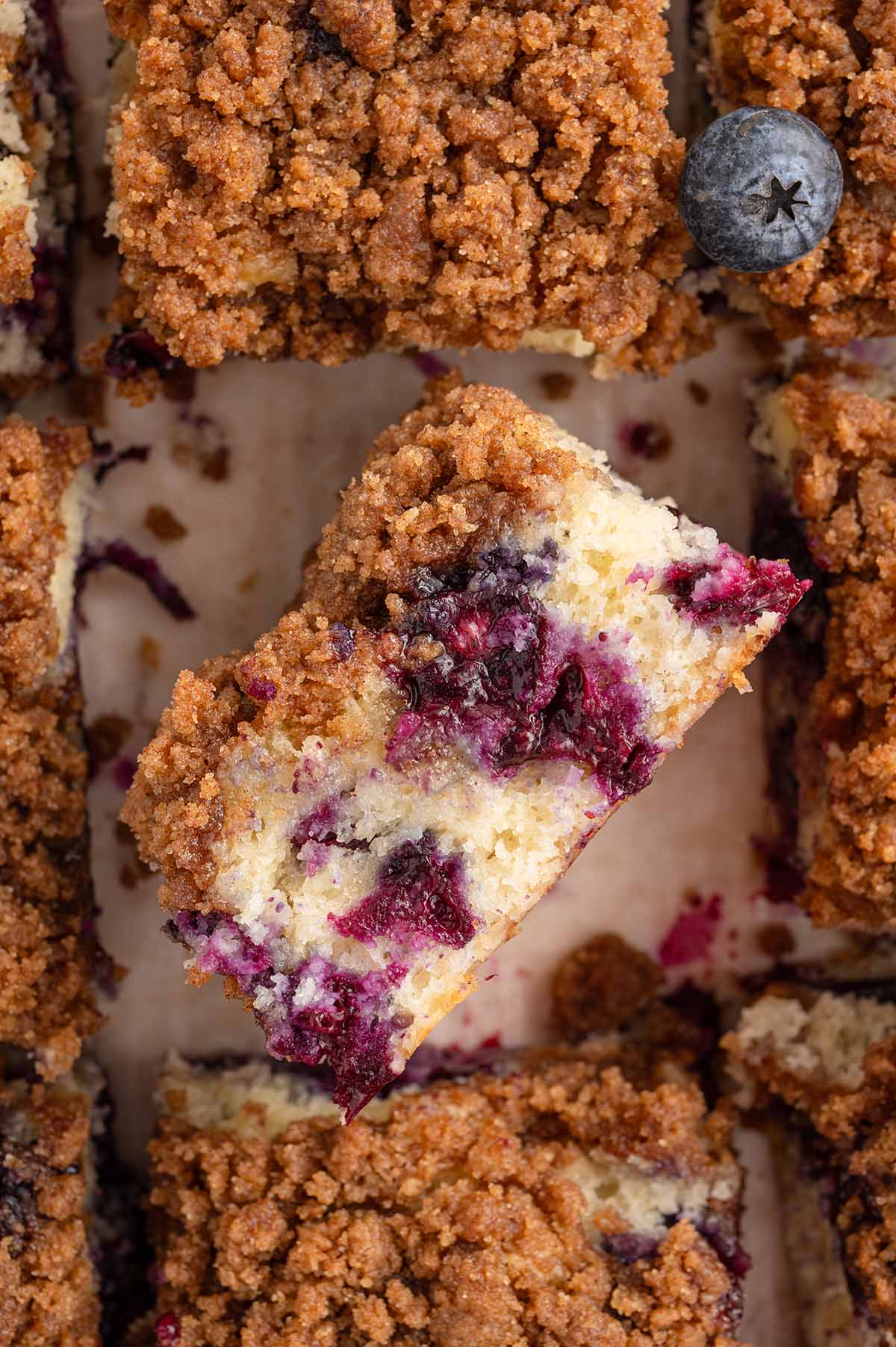 A close up shots of the blueberry coffee cake showing the texture