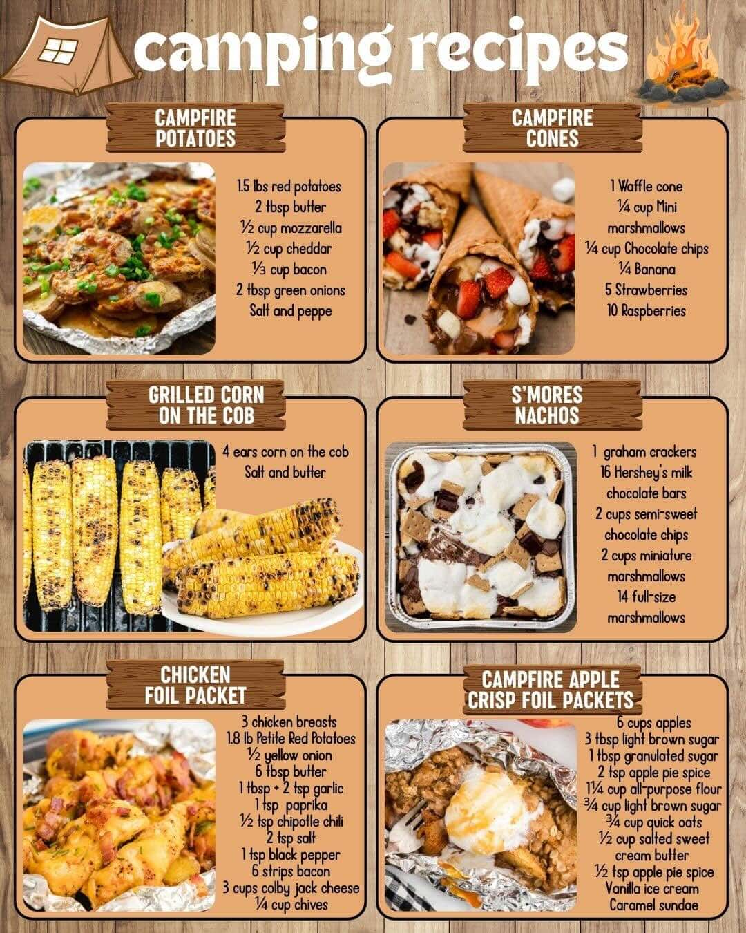 campfire potatoes, campfire cones, grill corn on the cob, campfire nachos, chicken foil packet, apple crisp, recipe ingredients. 
