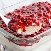 cherries in the snow inside casserole dish.
