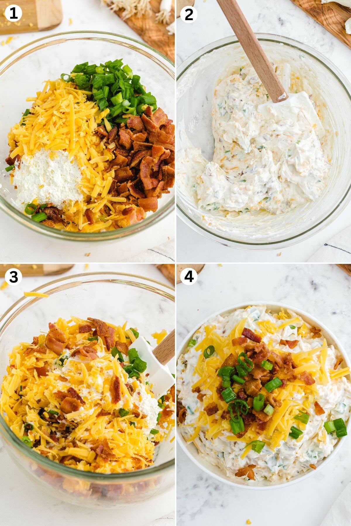 Collage of steps of making million dollar dip, gathering ingredients, mixing ingredients and finished dip ready to be served.