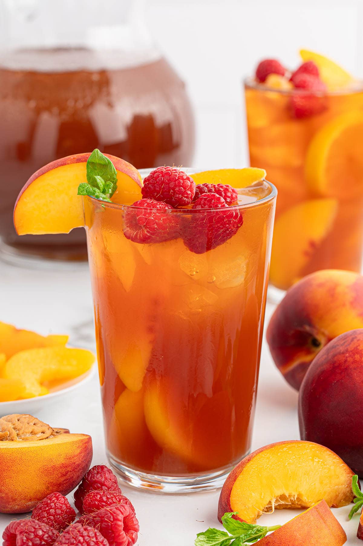 sweet peach tea in a glass. 
