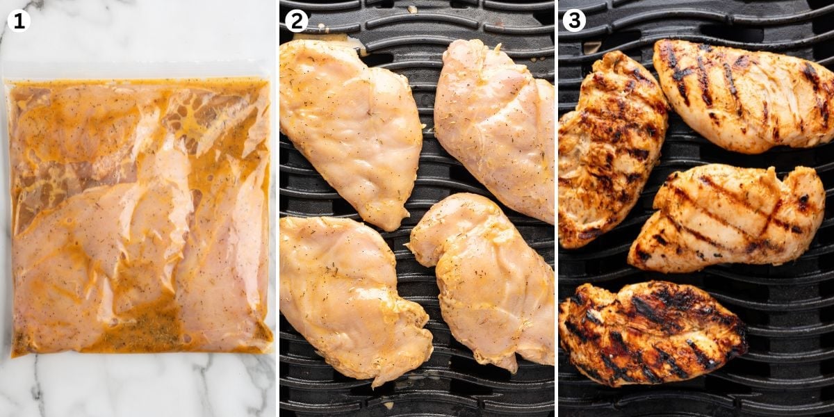 mix chicken in a bag with the marinate ingredients. place on the grill and cook.