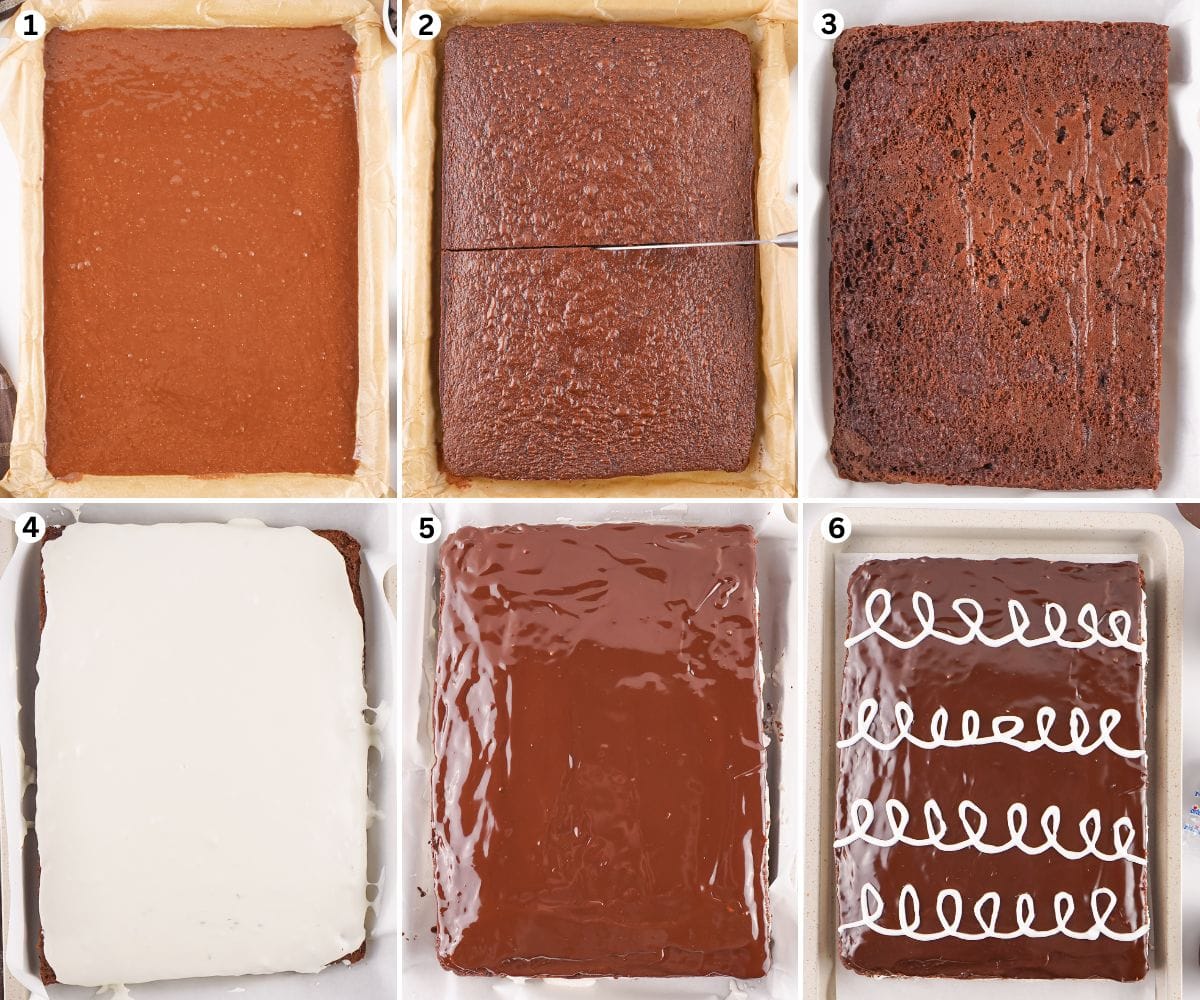 Step-by-step photos of a homemade Hostess-style sheet cake being baked, sliced, layered with cream filling, topped with chocolate ganache, and finished with a white swirl design.