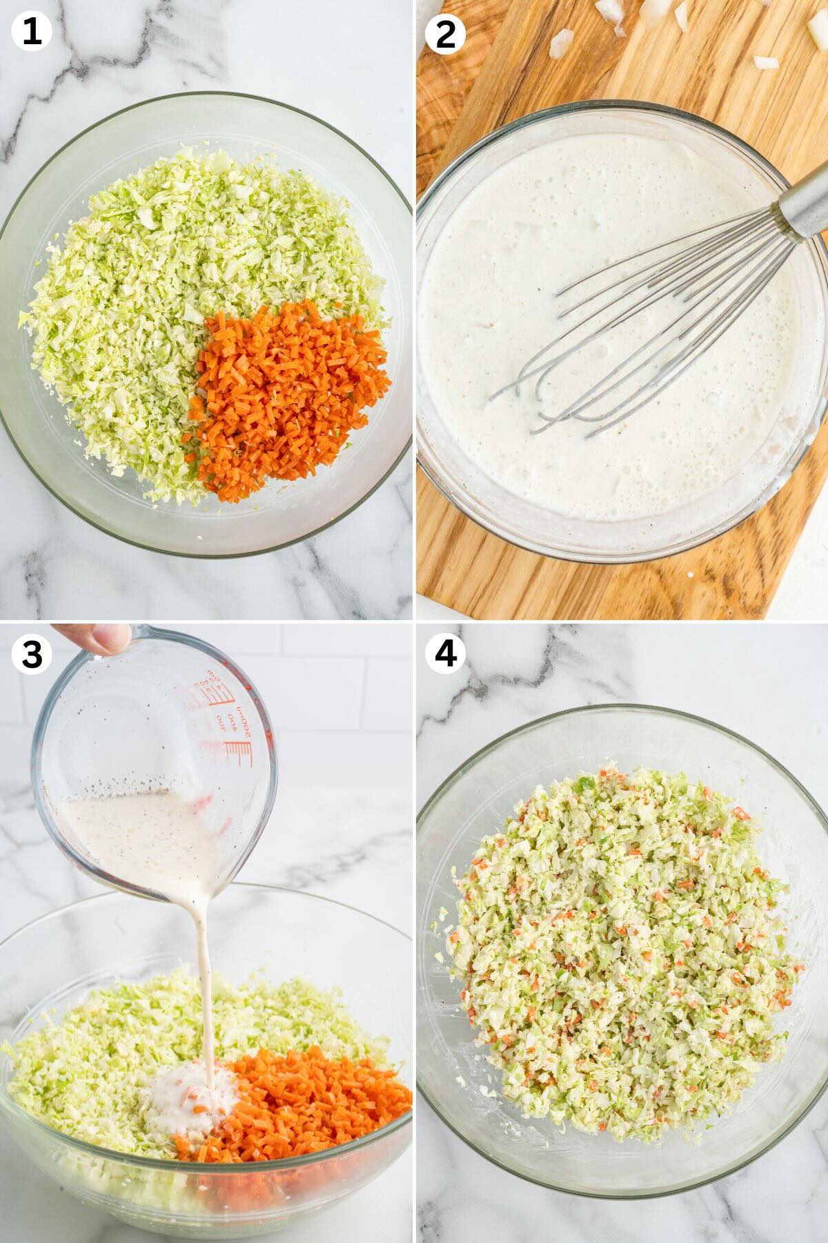 collage of KFC copycat coleslaw step by step, chopping ingredients, mixing the dressing, pouring dressing, and mixed coleslaw