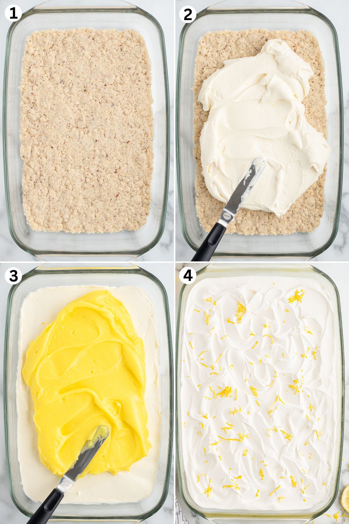 collage of steps on how to make lemon lush. spreading crust in the baking dish, spreading cream cheese mixture on top, spreading lemon pudding, covering with whipped topping and garnish with lemon zest.