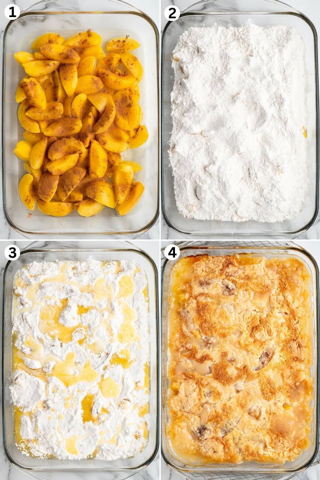 Collage of step by step on making peach dump cake.