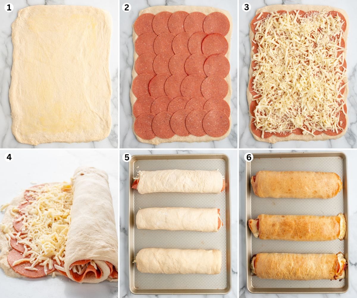 Step-by-step images showing dough being rolled out, layered with butter, pepperoni, and cheese, rolled into logs, baked, and turned into golden brown pepperoni rolls.