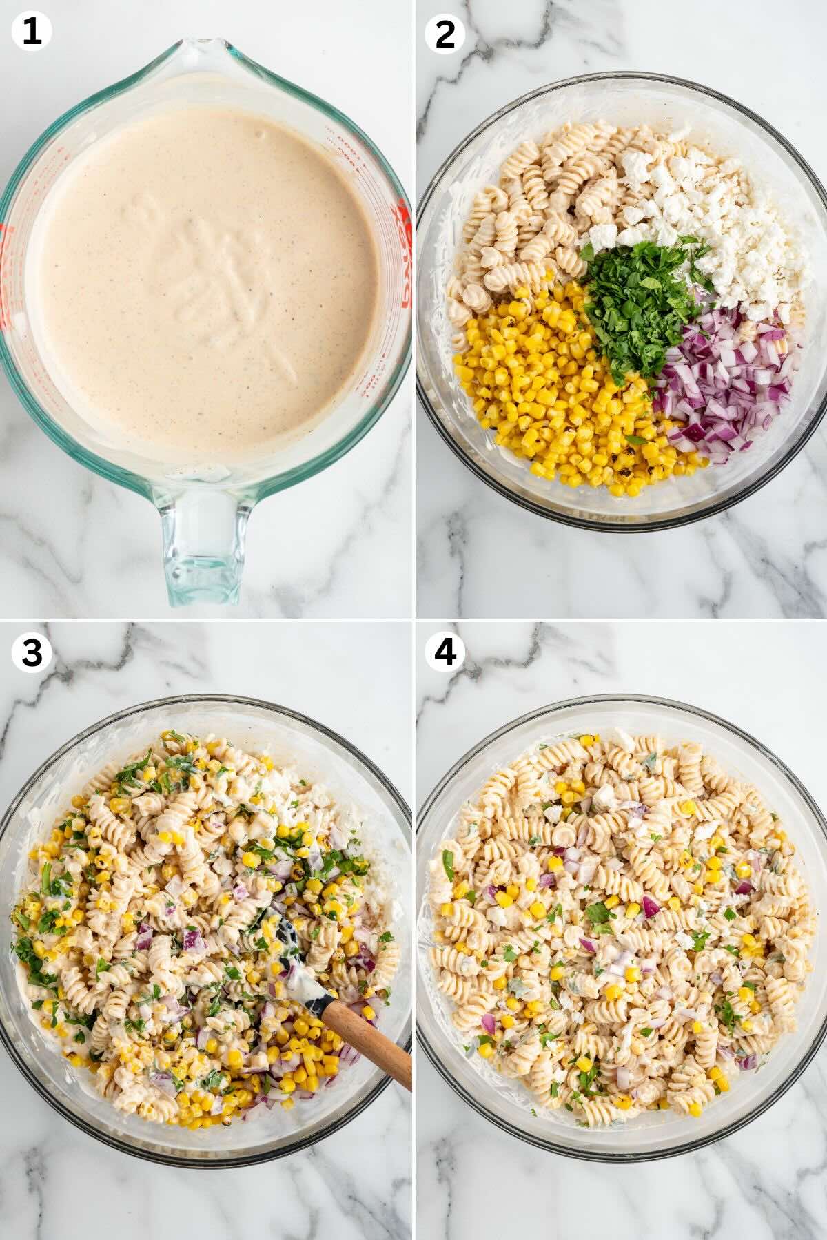 Steps on making Street Corn Pasta Salad . Making the dressing, adding other ingredients, mixing everything and Street Corn Pasta Salad ready to be served.
