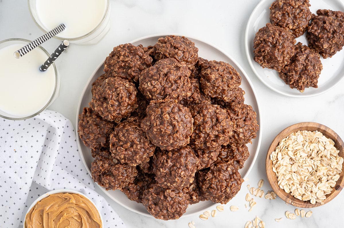 A plate full of chocolate peanut butter no bake cookies ready to enjoy.