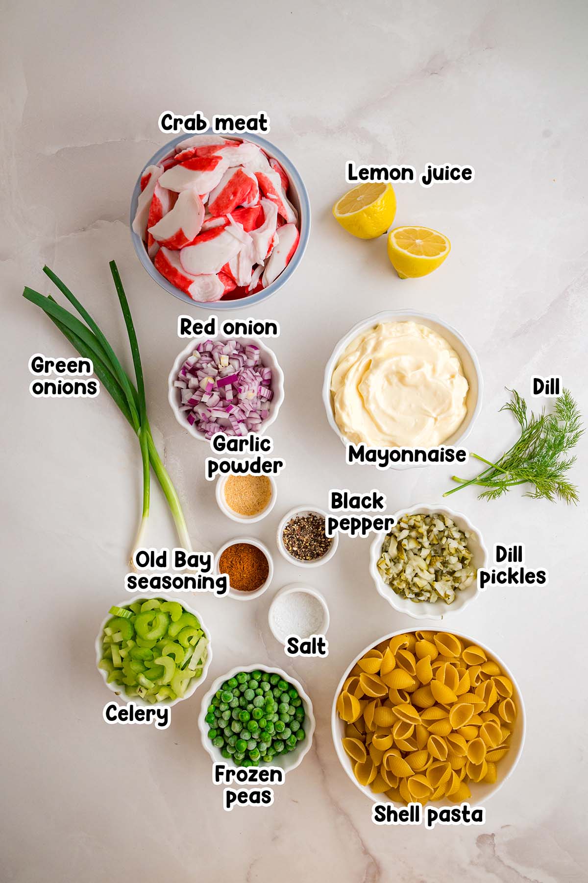 Crab Pasta Salad ingredients.