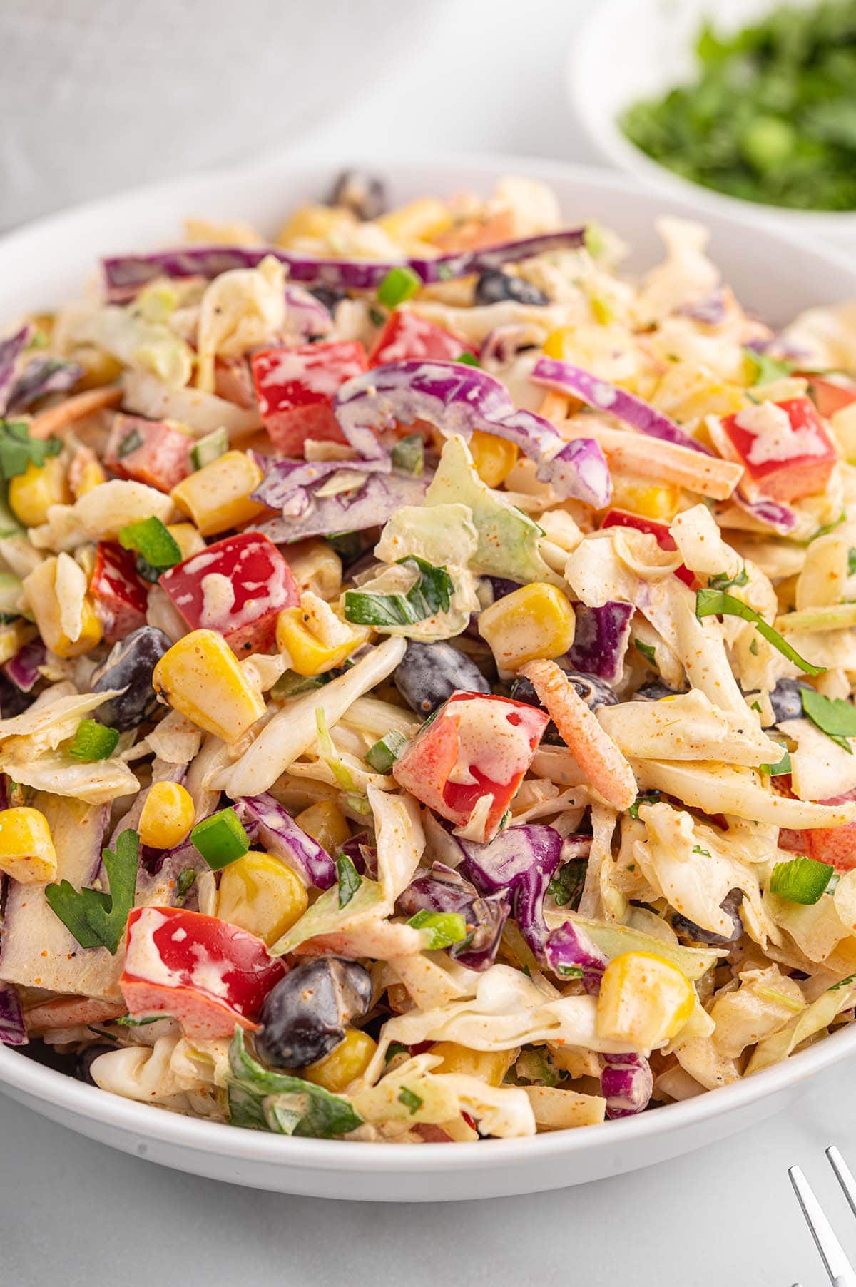 A close-up of Mexican coleslaw showing vibrant veggies and dressing.