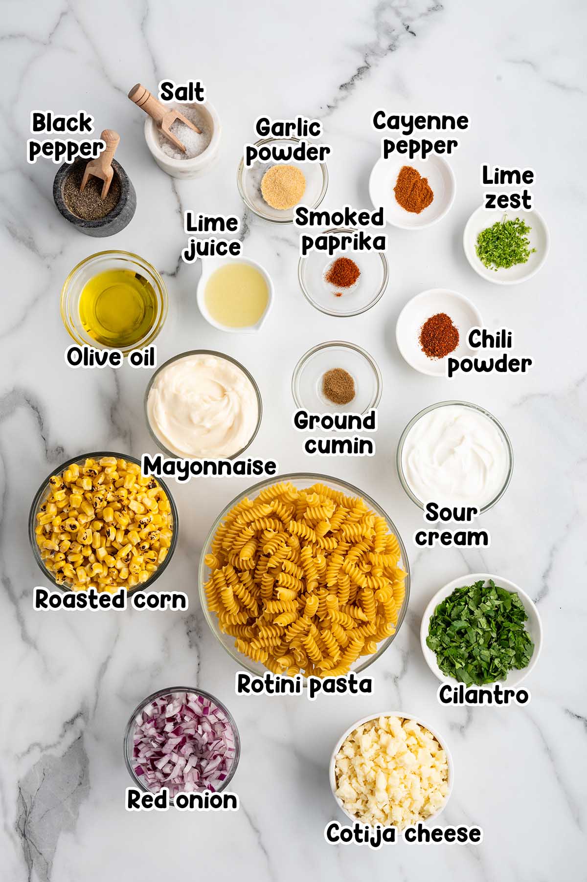 Street Corn Pasta Salad ingredients.