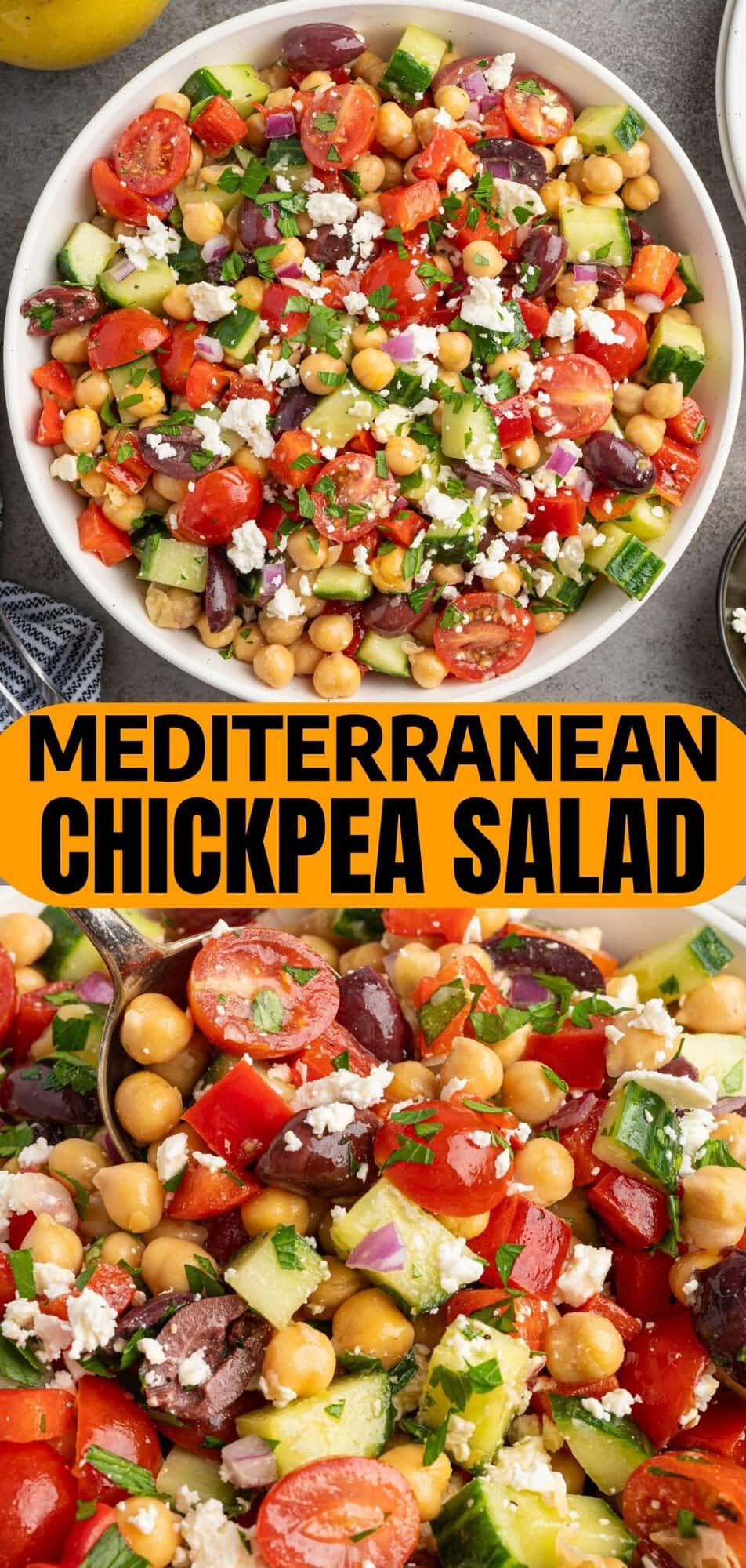Mediterranean Chickpea Salad with cherry tomatoes, cucumber, kalamata olives, red pepper, and crumbled feta in a white bowl.