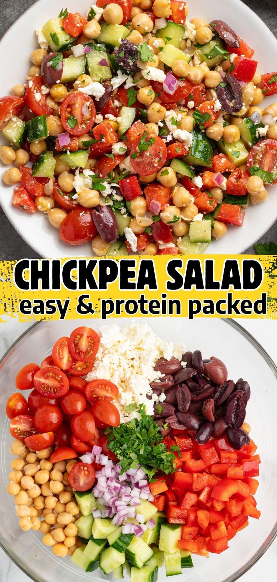 Chickpea Salad ingredients arranged in a glass bowl before mixing, including cherry tomatoes, kalamata olives, feta, cucumber, red onion, and red pepper.