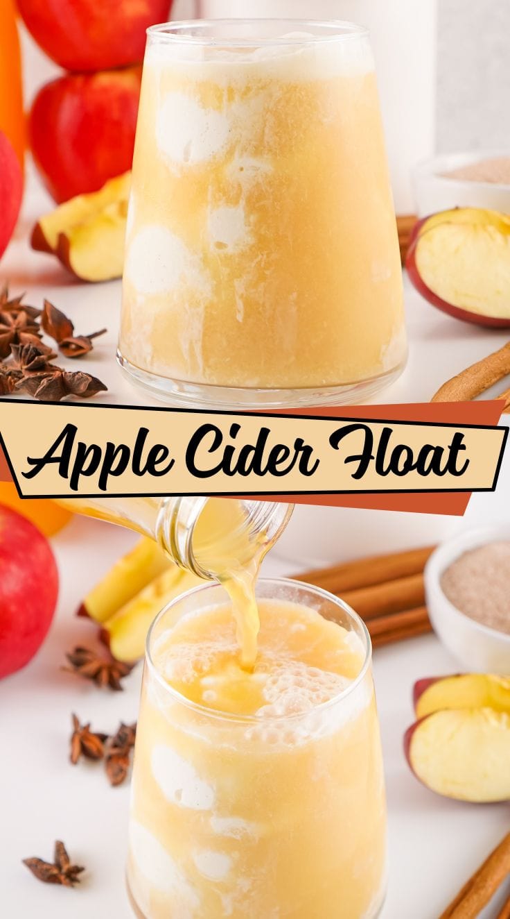 Apple cider float served inside a clear glass with cinnamon sticks scattered around it.