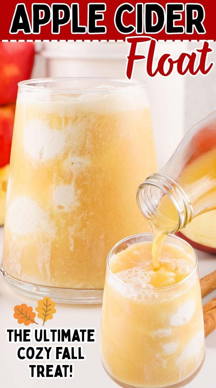 pouring apple cider into the glass to make apple cider float