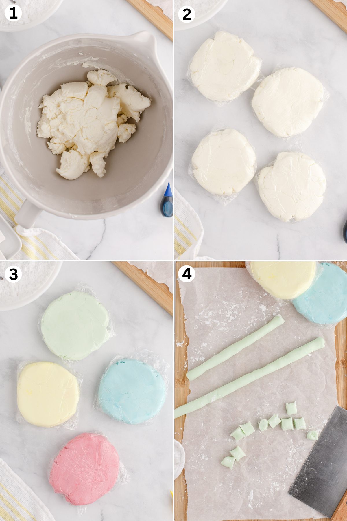 collage of steps on making Butter Mints: making the mixture, dividing the dough, coloring the dough and shape and cutting the dough.